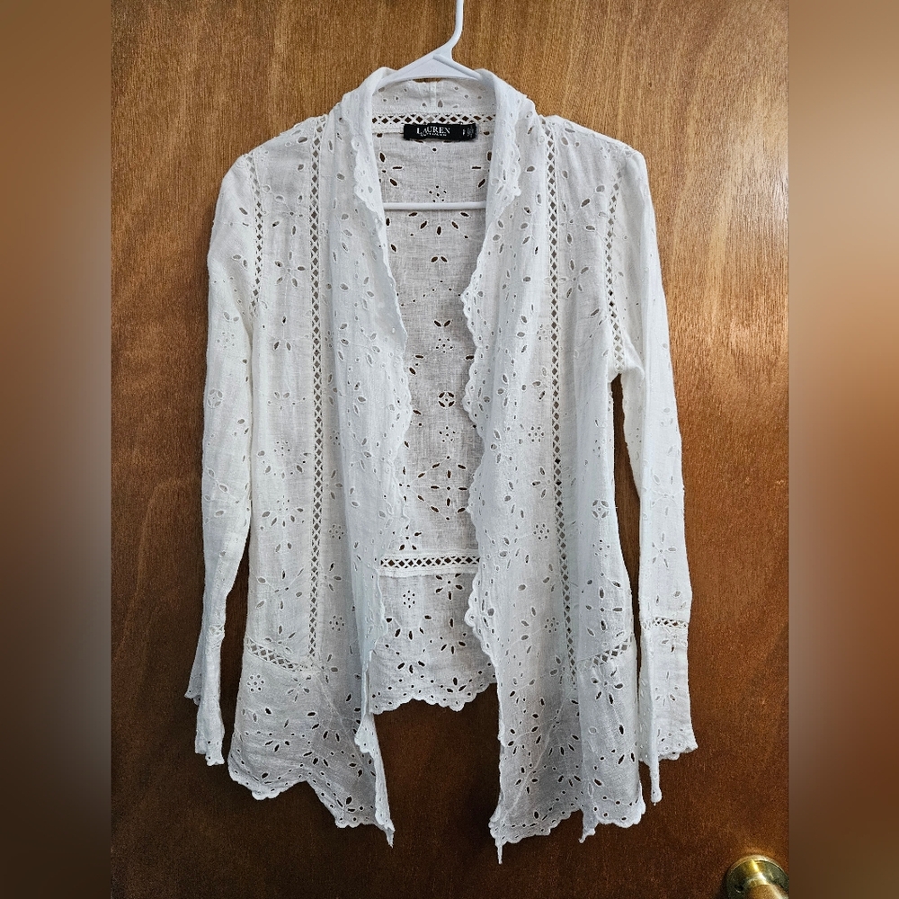 Lauren Ralph Lauren Lace Eyelet Embroidered Open Jacket Cardigan S/P White